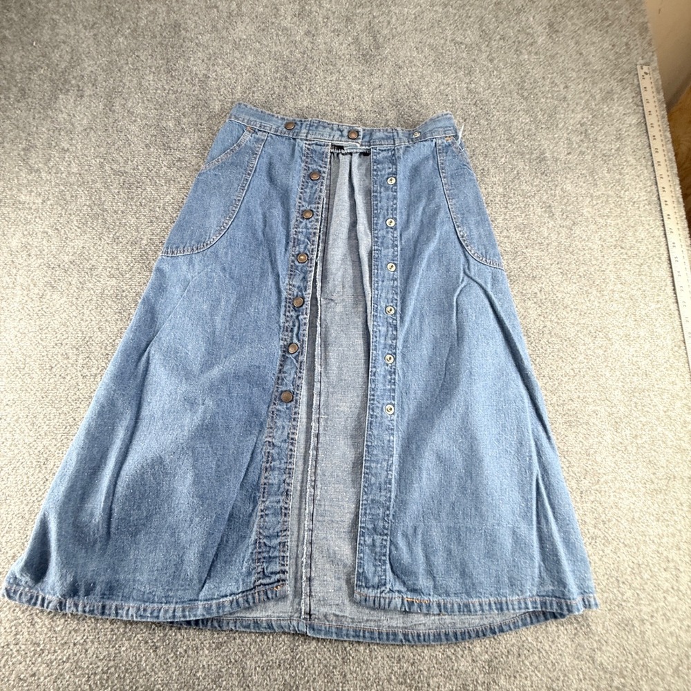 Vintage Denim Button Front Midi Skirt Medium Wash Cotton A-Line Size 13/14